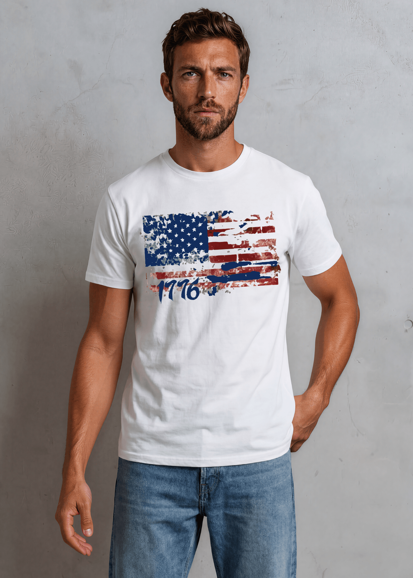 Distressed Red and Blue American Flag with 1776 Graphic T-Shirt Made in USA