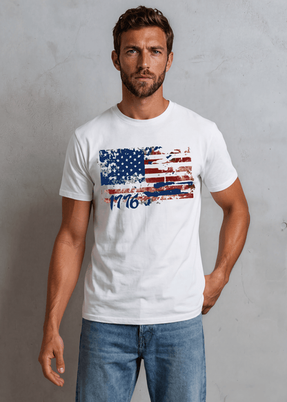 Distressed Red and Blue American Flag with 1776 Graphic T-Shirt Made in USA