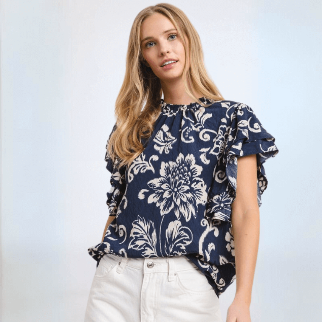 Navy Flutter Sleeve Top CLEARANCE FINAL SALE
