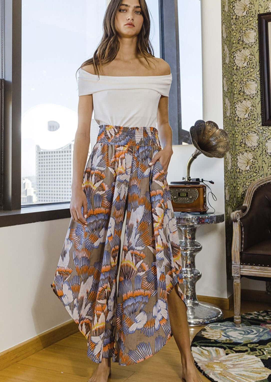 Fun Tropical Print Smocked Waist Pants CLEARANCE FINAL SALE