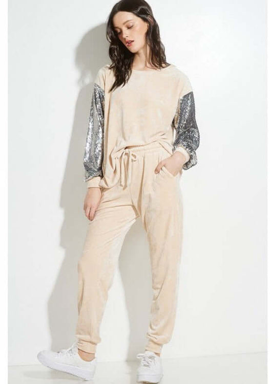 Champagne Glam Velvet Track Suit with Sequins Sleeves - Clearance Final Sale