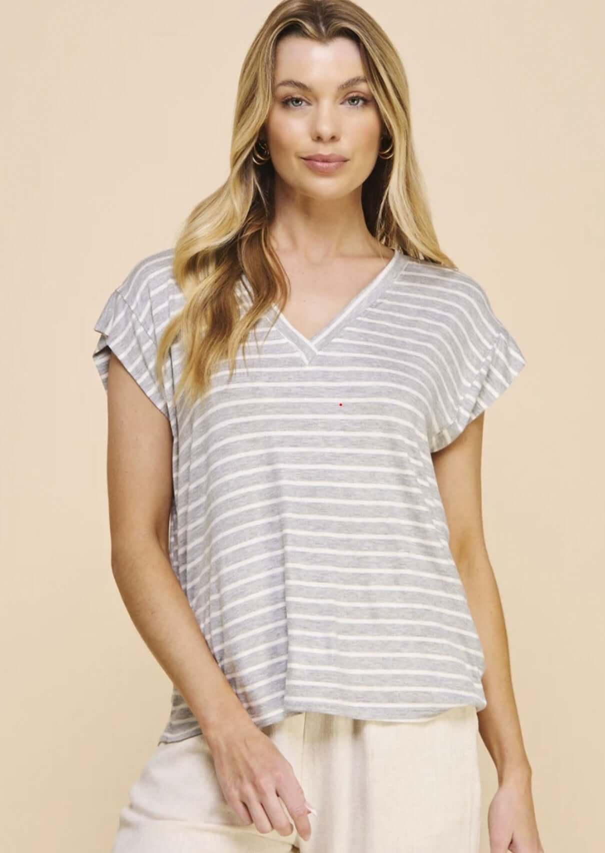 Casual Striped V-Neck Relaxed Fit Top CLEARANCE FINAL SALE