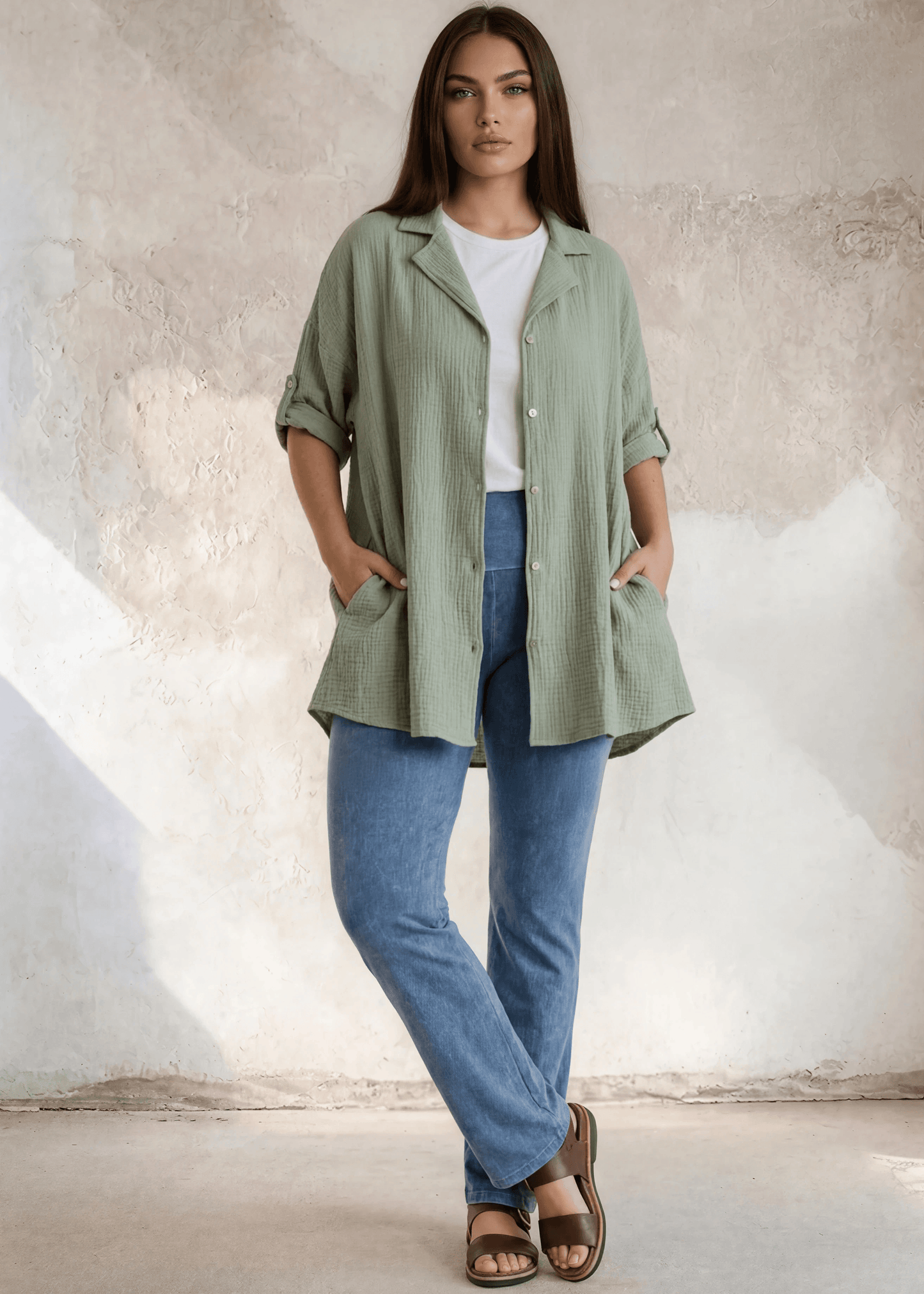 Rachel Slouchy Cotton Gauze Button Down Top (Olive)