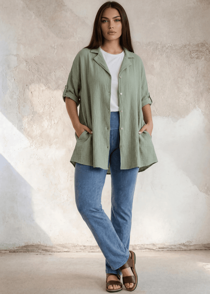 Rachel Slouchy Cotton Gauze Button Down Top (Olive)
