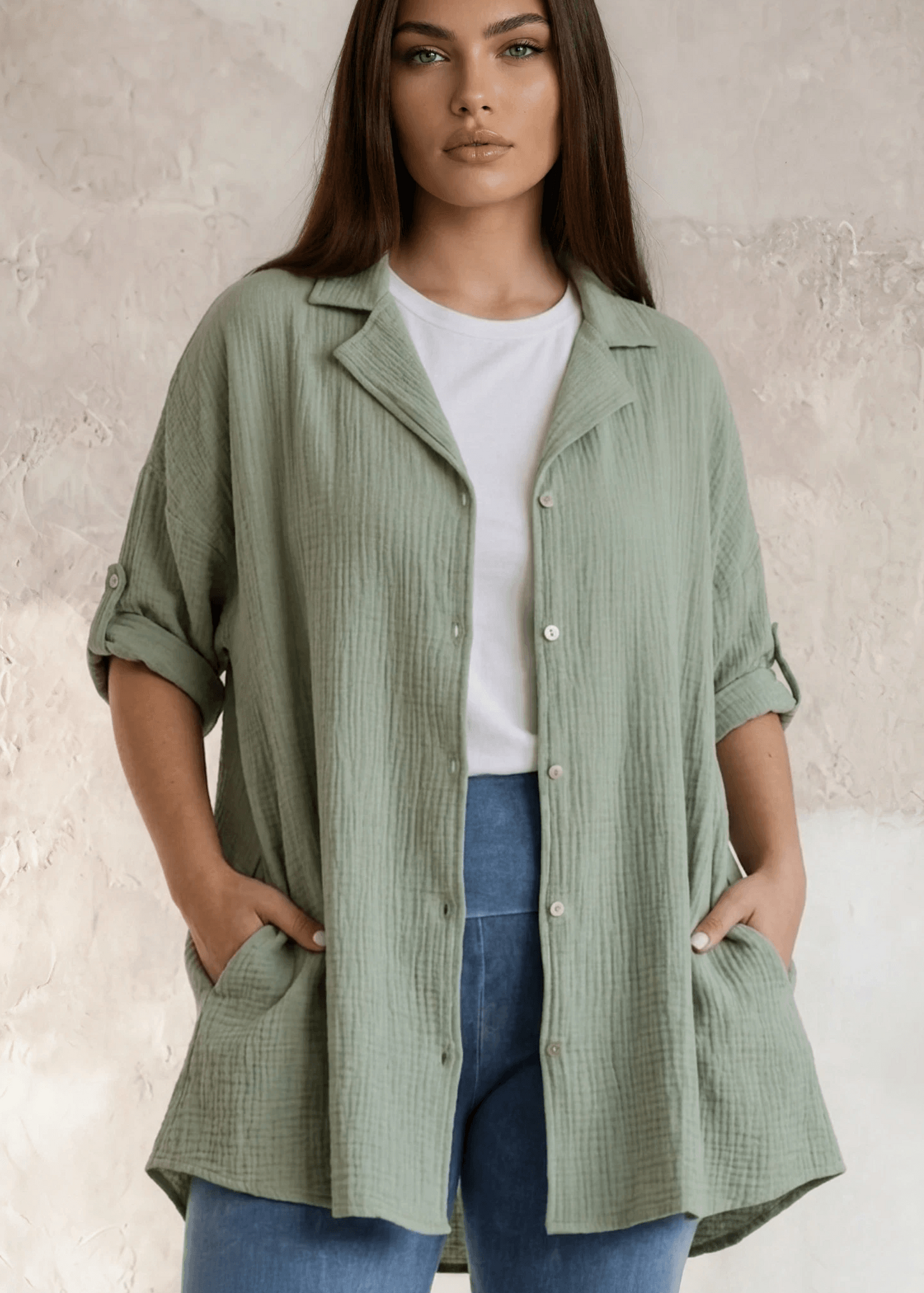 Rachel Slouchy Cotton Gauze Button Down Top (Olive)
