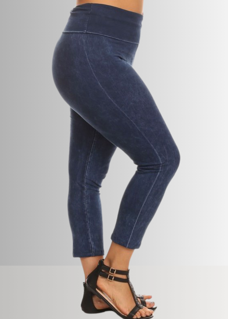 Fold Over Waist Mineral Washed Capri Leggings Made in USA Plus Size