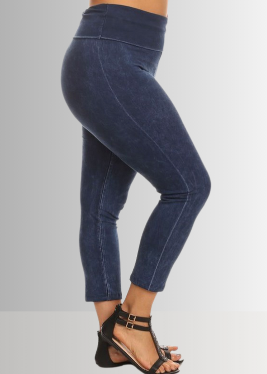Fold Over Waist Mineral Washed Capri Leggings Made in USA Plus Size