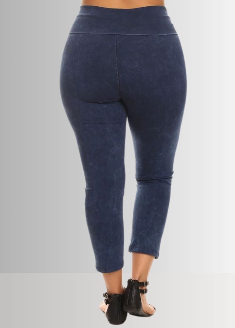 Fold Over Waist Mineral Washed Capri Leggings Made in USA Plus Size