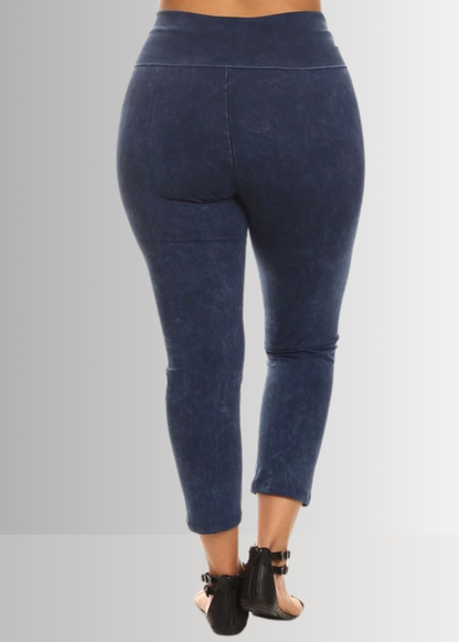 Fold Over Waist Mineral Washed Capri Leggings Made in USA Plus Size