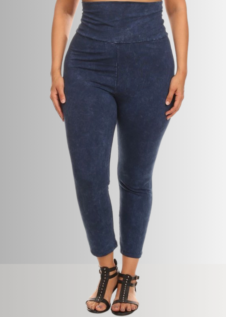 Fold Over Waist Mineral Washed Capri Leggings Made in USA Plus Size
