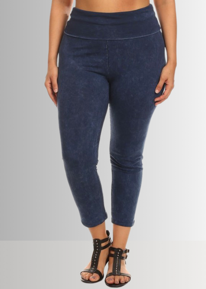 Fold Over Waist Mineral Washed Capri Leggings Made in USA Plus Size