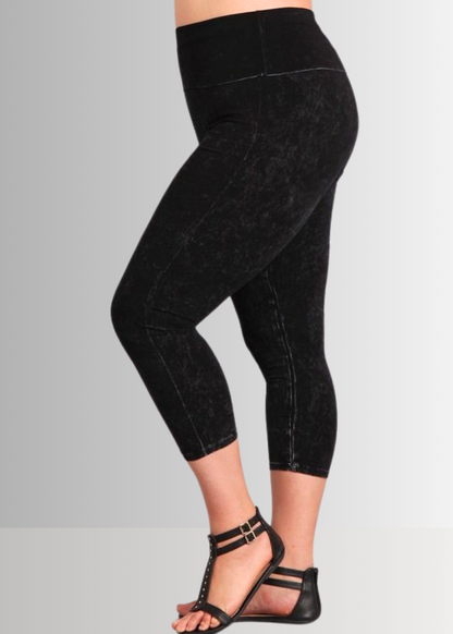 Fold Over Waist Mineral Washed Capri Leggings Made in USA Plus Size