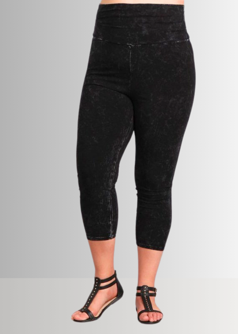 Fold Over Waist Mineral Washed Capri Leggings Made in USA Plus Size