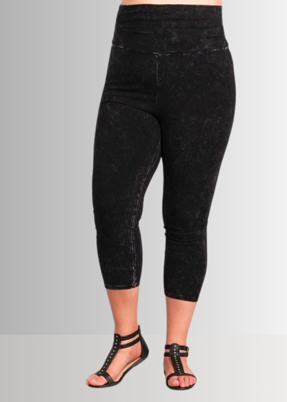 Fold Over Waist Mineral Washed Capri Leggings Made in USA Plus Size