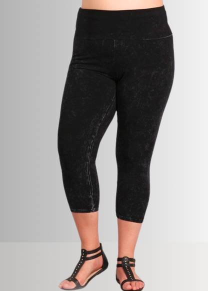 Fold Over Waist Mineral Washed Capri Leggings Made in USA Plus Size