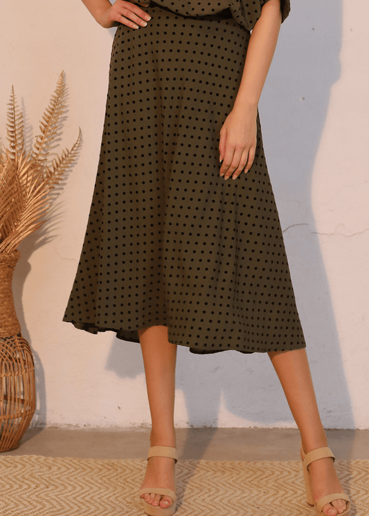 Flocked Polka Dot Midi Swing Skirt in Olive
