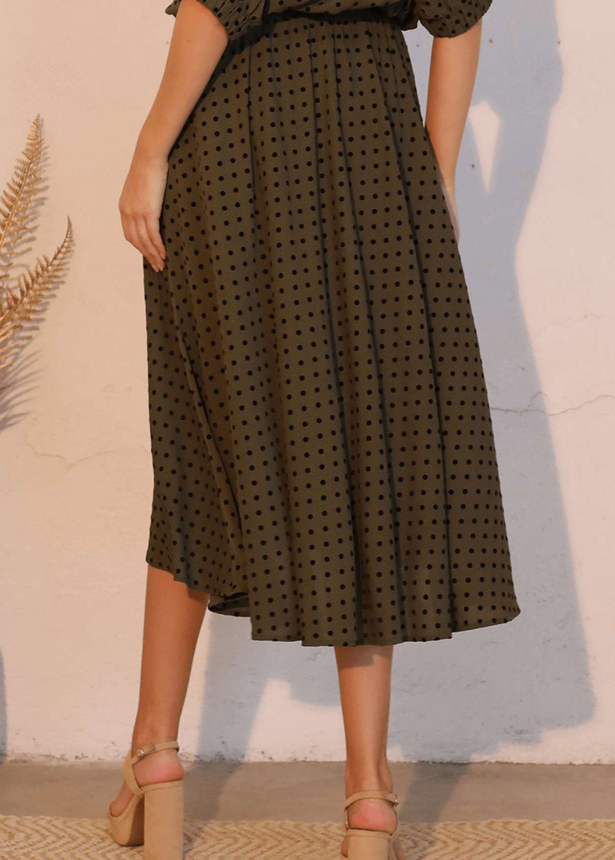 Flocked Polka Dot Midi Swing Skirt in Olive