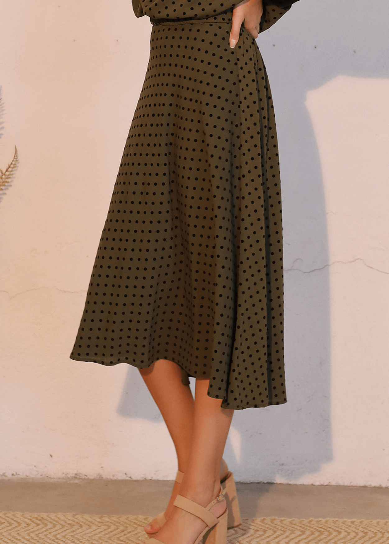 Flocked Polka Dot Midi Swing Skirt in Olive