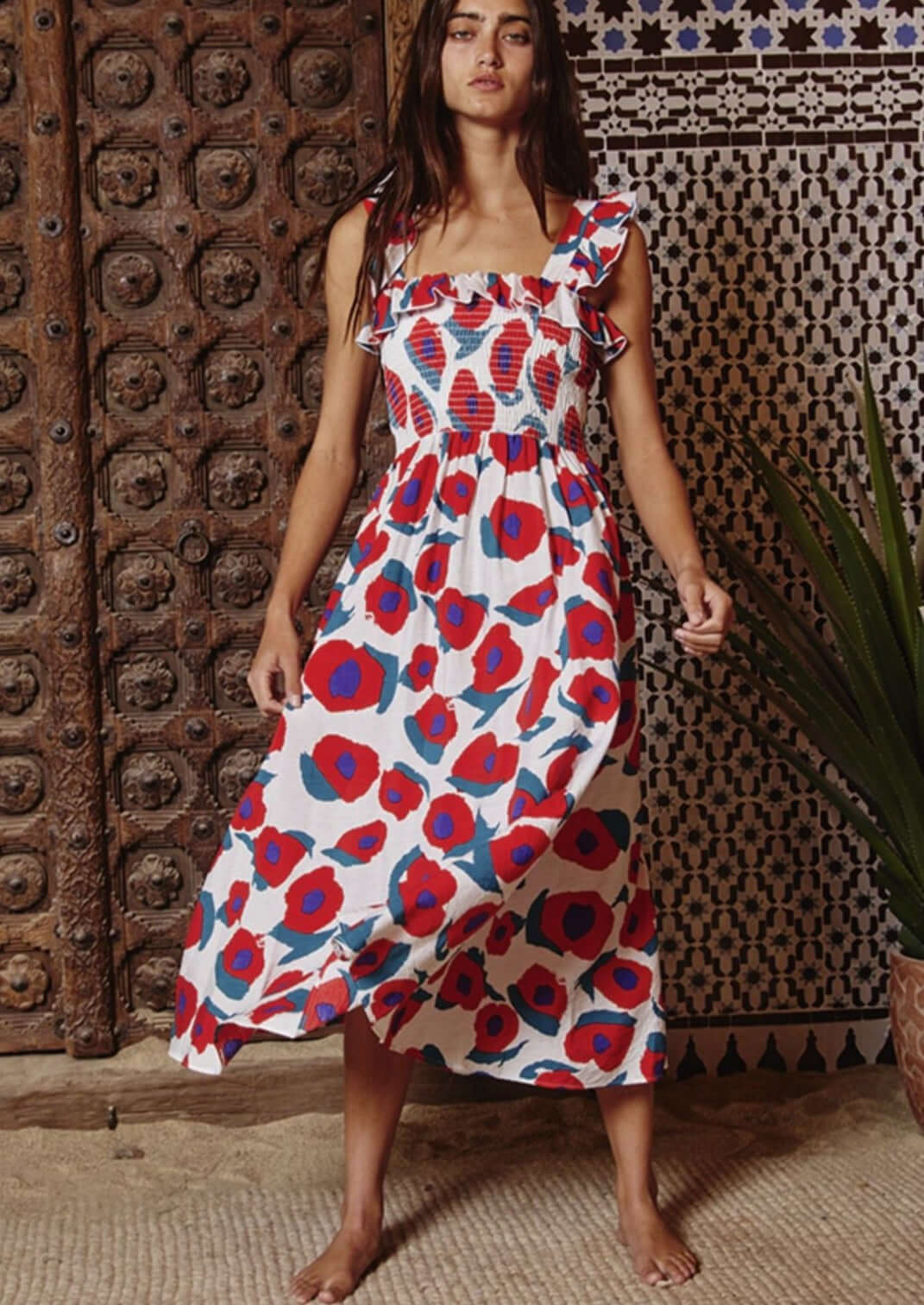 Flattering Floral Smocked Bodice Midi Dress Made in USA