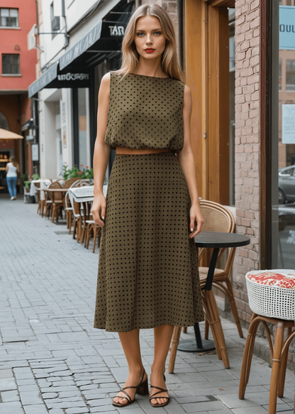 Flocked Polka Dot Bubble Crop Top in Olive