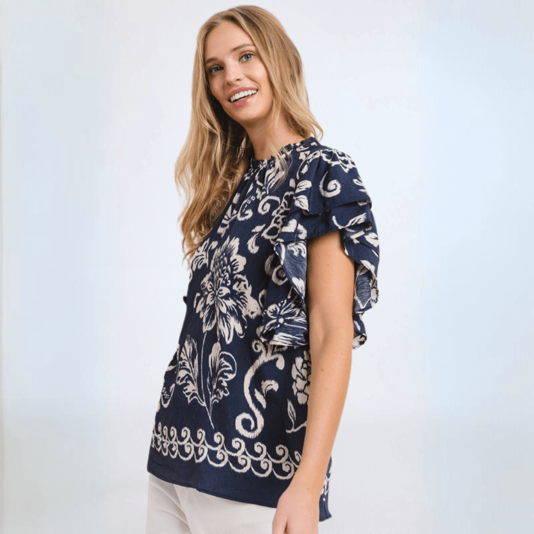 Navy Flutter Sleeve Top CLEARANCE FINAL SALE
