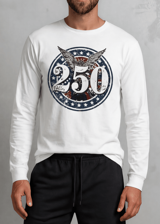 250 Emblem Men's White Long Sleeve T-Shirt Patriotic Made in USA 4th of July