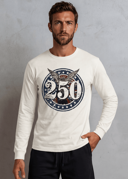 250 Emblem Men's White Long Sleeve T-Shirt Patriotic Made in USA 4th of July