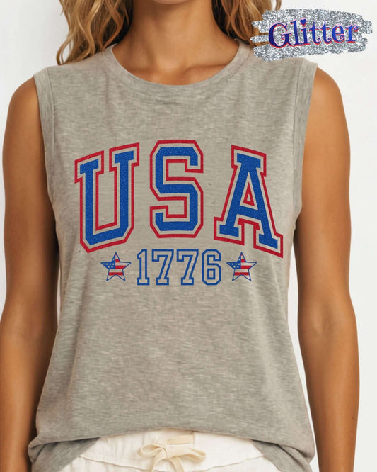 USA 1776 Glitter Muscle Tee Made in USA