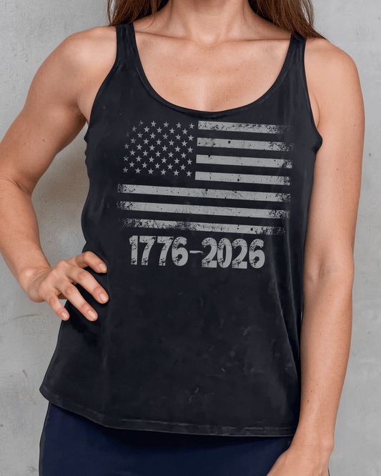 1776-2026 Distressed American Flag Graphic Tank Top