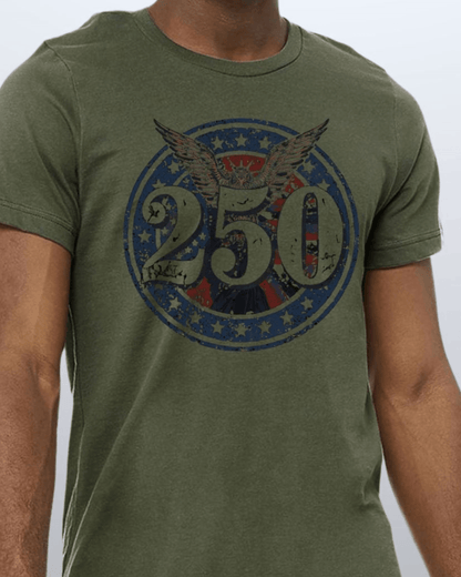 250 Emblem Men's T-Shirt in Army Green Patriotic Made in USA 4th of July