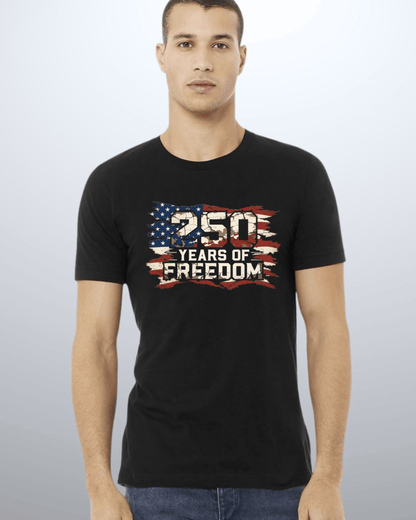 250 Years of FREEDOM Red White and Blue Distressed Flag - Black