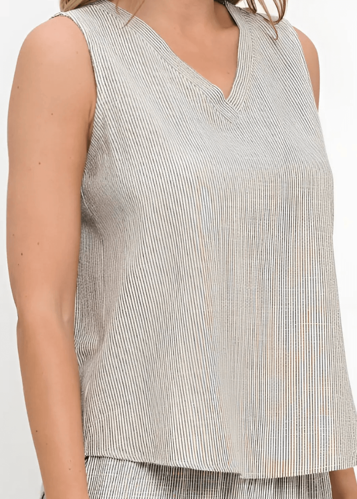 Selah V-Neck Cotton Blend Striped Sleeveless Top