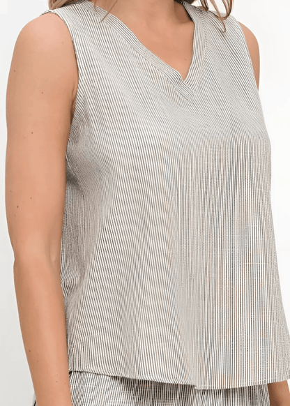 Selah V-Neck Cotton Blend Striped Sleeveless Top