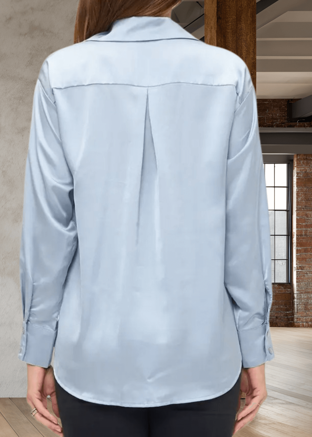 Laura Satin Button Down Top in Steele Blue