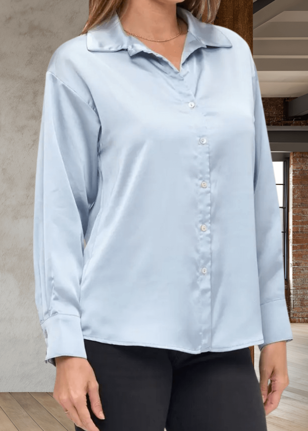 Laura Satin Button Down Top in Steele Blue