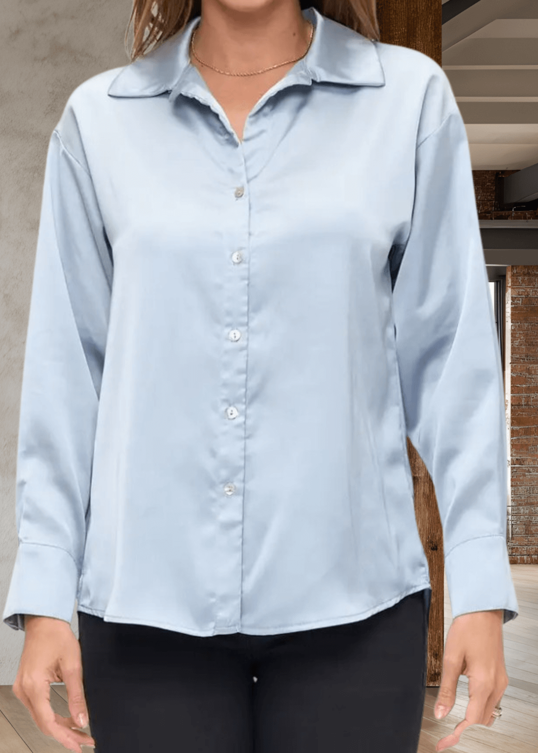 Laura Satin Button Down Top in Steele Blue