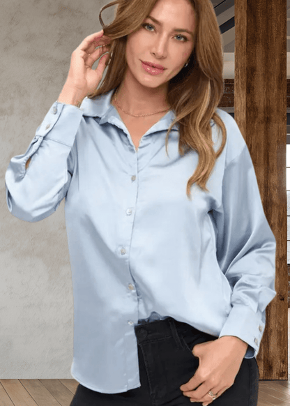 Laura Satin Button Down Top in Steele Blue