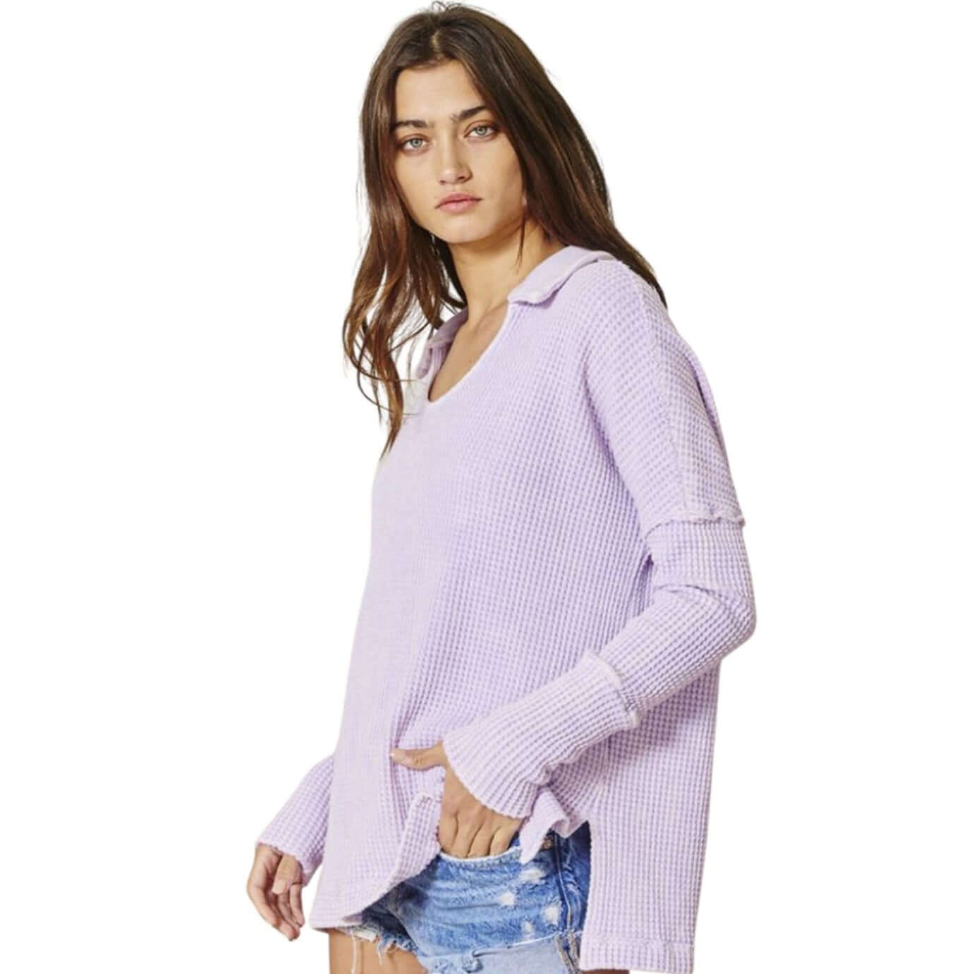 Split Collar Cotton Waffle Knit Top Made in USA