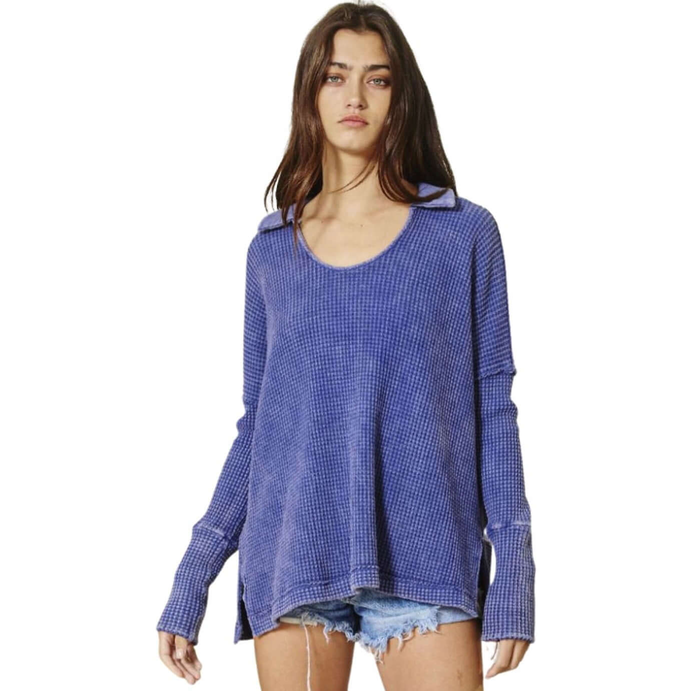 Split Collar Cotton Waffle Knit Top Made in USA