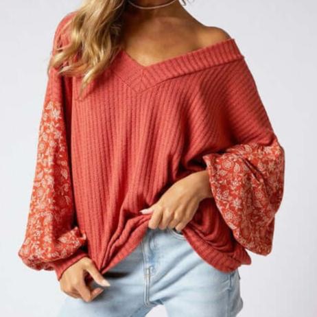 Floral Balloon Sleeve V-Neck Made in USA