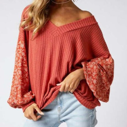 Floral Balloon Sleeve V-Neck Made in USA