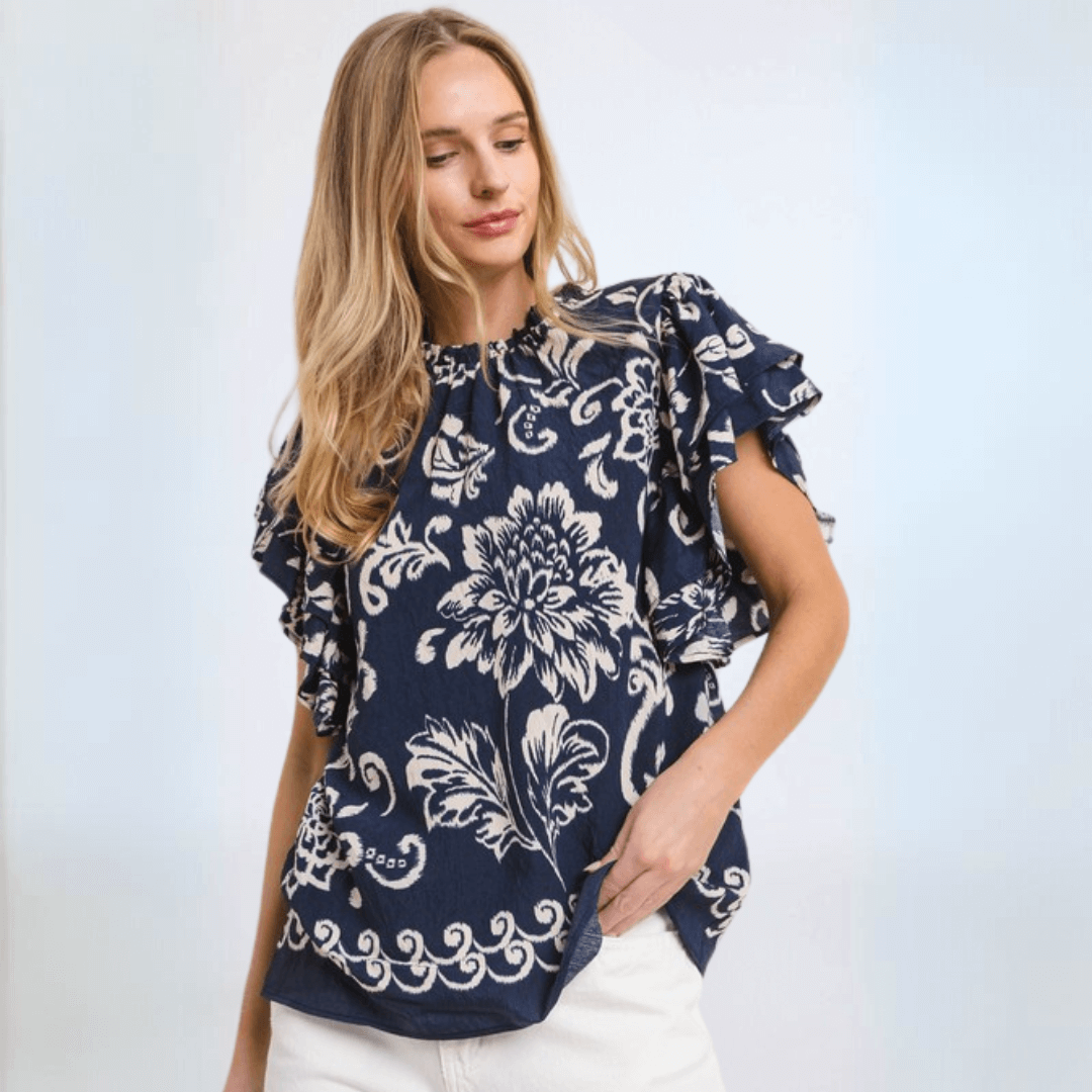 Navy Flutter Sleeve Top CLEARANCE FINAL SALE