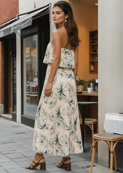 Palm Tree Leaf Strapless Maxi Dress