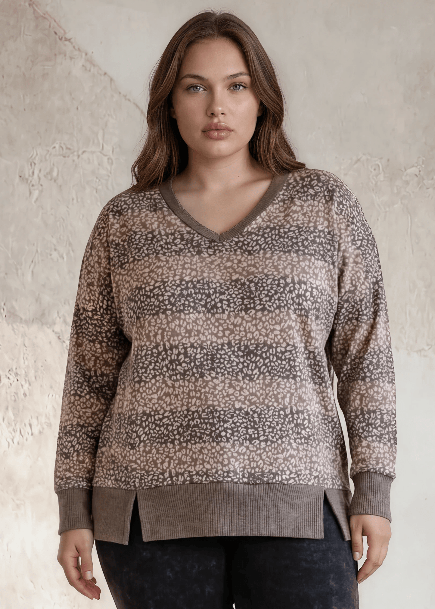 Mixed Pattern V-neck Sweater Top Plus Size in Mocha