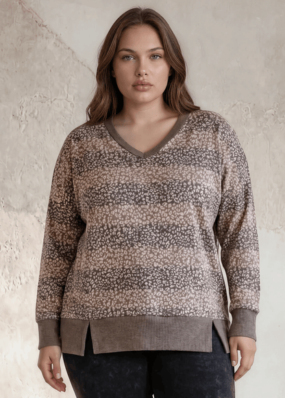 Mixed Pattern V-neck Sweater Top Plus Size in Mocha