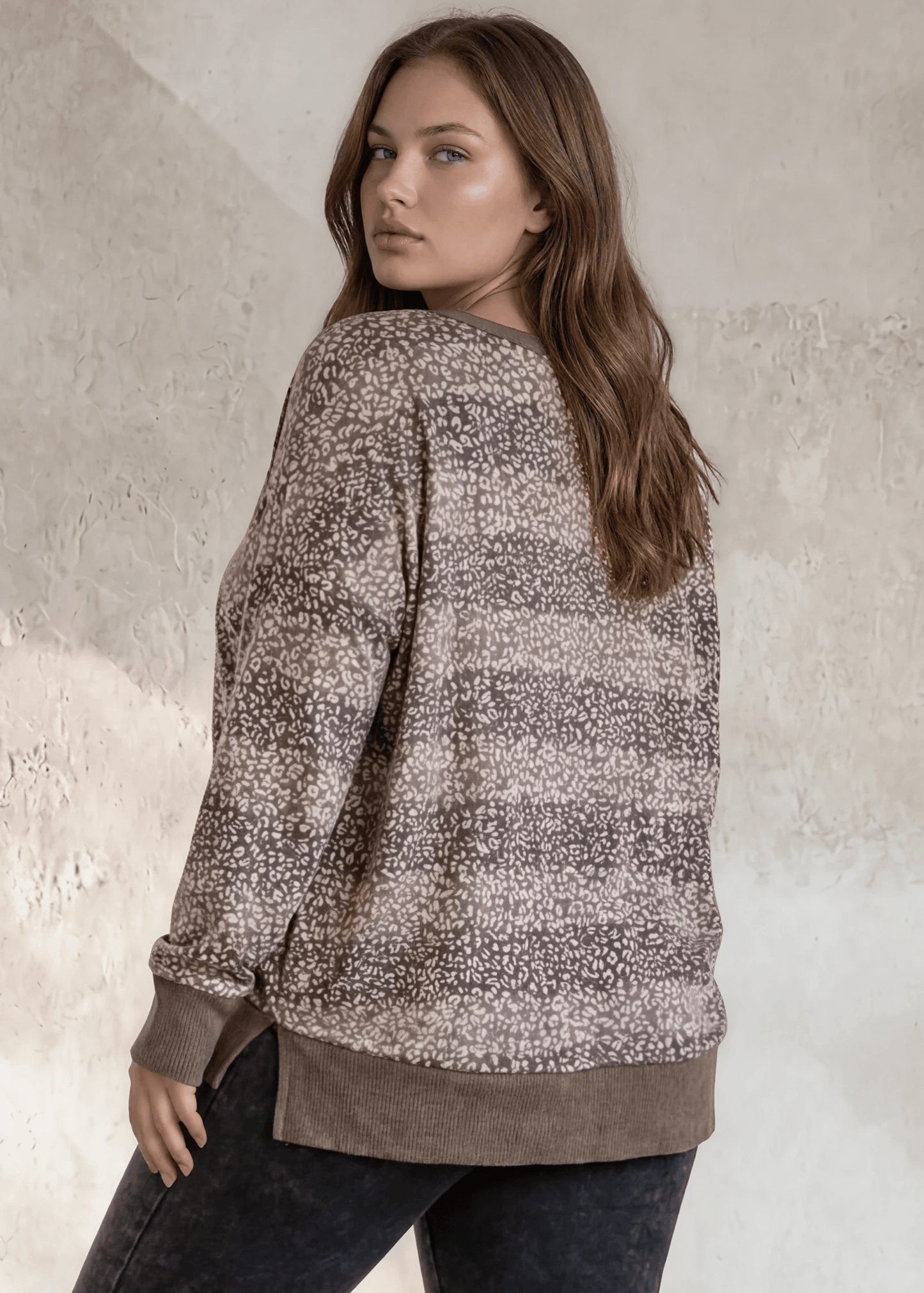Mixed Pattern V-neck Sweater Top Plus Size in Mocha