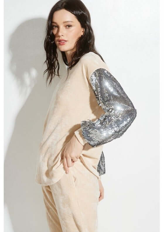 Champagne Glam Velvet Track Suit with Sequins Sleeves - Clearance Final Sale