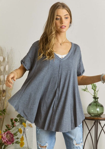 Navy V-Neck Oversized Tee Made in USA