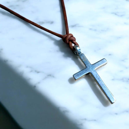 Classic Cross Necklace - Sterling Silver on Leather Cord