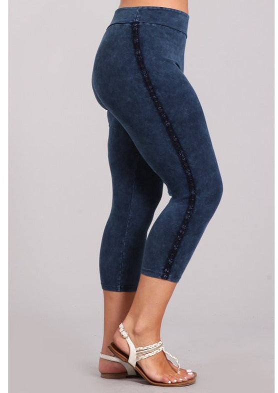Crochet Striped Mineral Washed Capri Leggings Made in USA - Plus Size